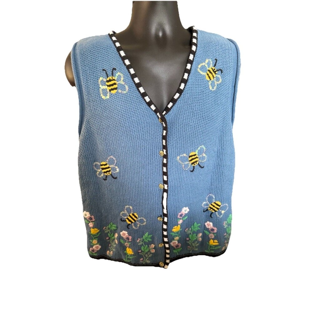 Quacker Factory Blue Bee & Floral Knit Vest
